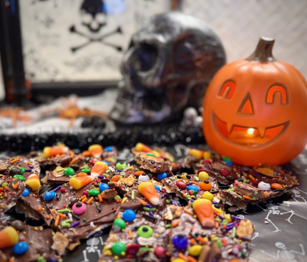Halloween bark with candy corn and sprinkles